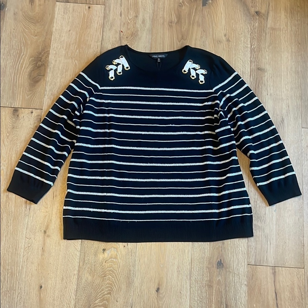 Ming wang black and White Striped Sweater with Shoulder Embellishments size 1X